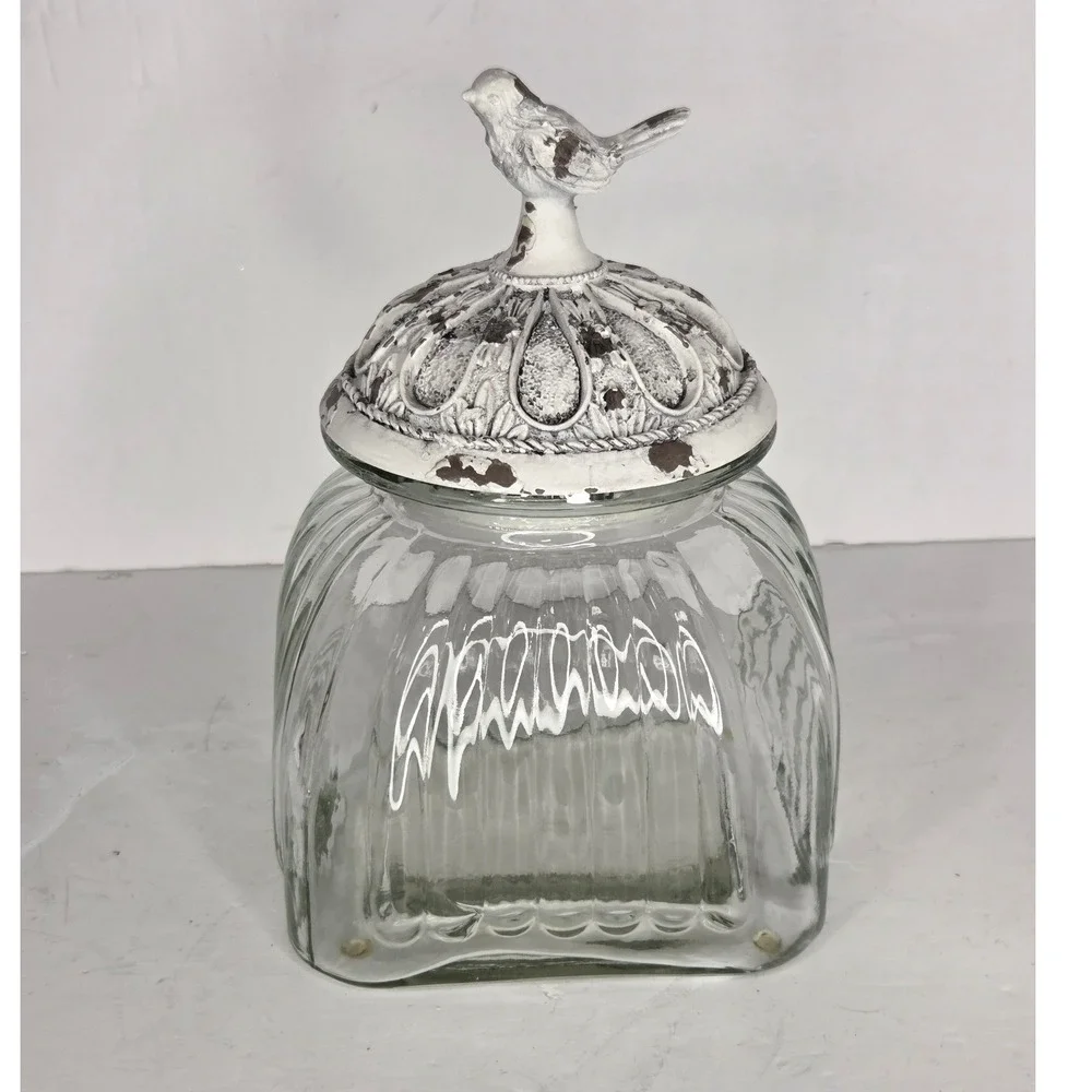Ribbed Clear Glass Canister With White‎ Song Bird Chippy Paint Lid Cookie Jar